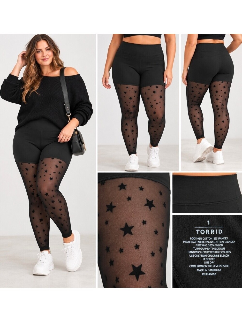 Torrid 1X 14-16 Black Flocked Star Mesh Leggings NWT Sheer Gothic Celestial